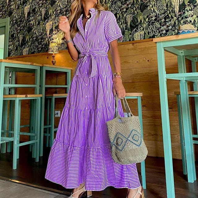 Women's Maxi Dress - Knee-Length Sleeve - Collar and Buttons - Belt at Waist - Striped Pattern