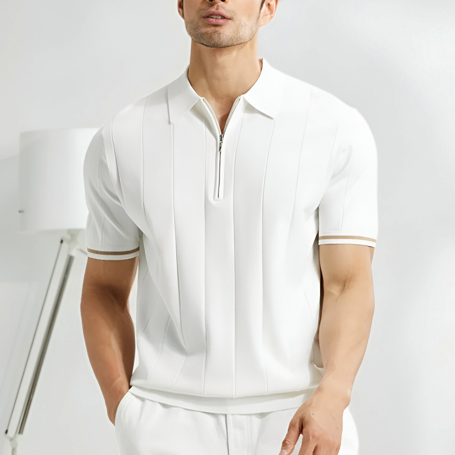 Men's Pique Shirt – Slim Fit – Zipper Collar – Soft Knit – Ribbed Edge