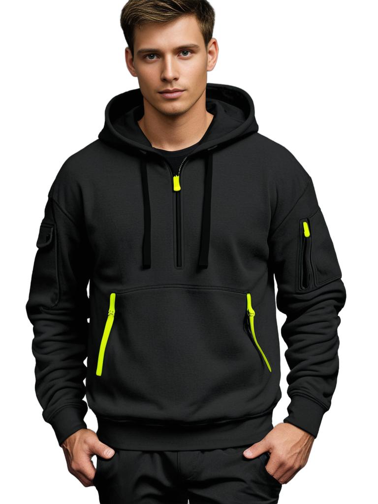 Men's Hoodie – Relaxed Fit – Light Cotton – Half Zipper – Utility Details
