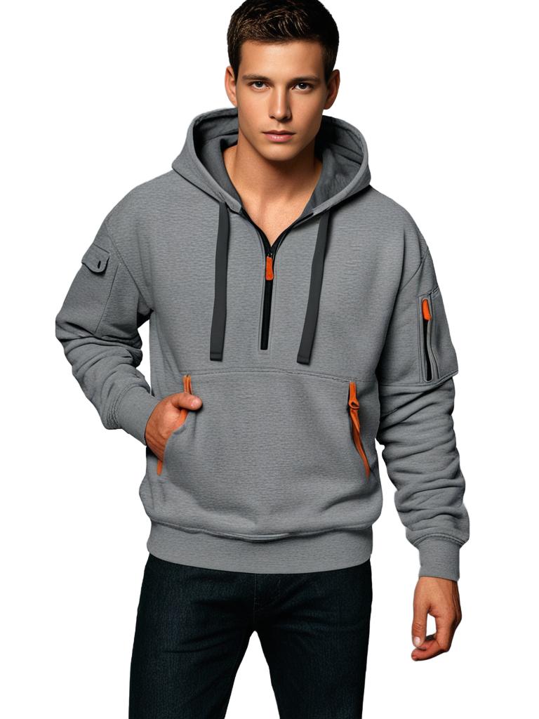 Men's Hoodie – Relaxed Fit – Light Cotton – Half Zipper – Utility Details