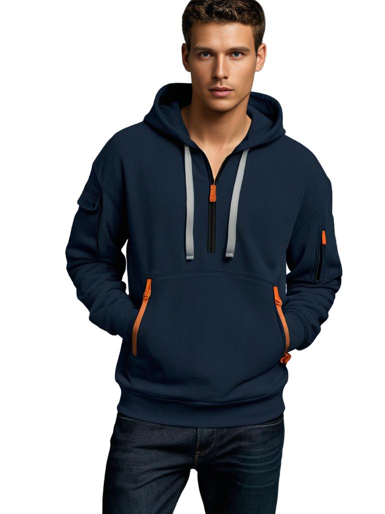 Men's Hoodie – Relaxed Fit – Light Cotton – Half Zipper – Utility Details