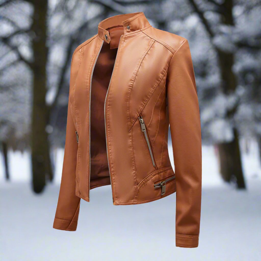Women's Leather Jacket - Biker Style - Zipper Closure - Stand Collar - Slim Fit
