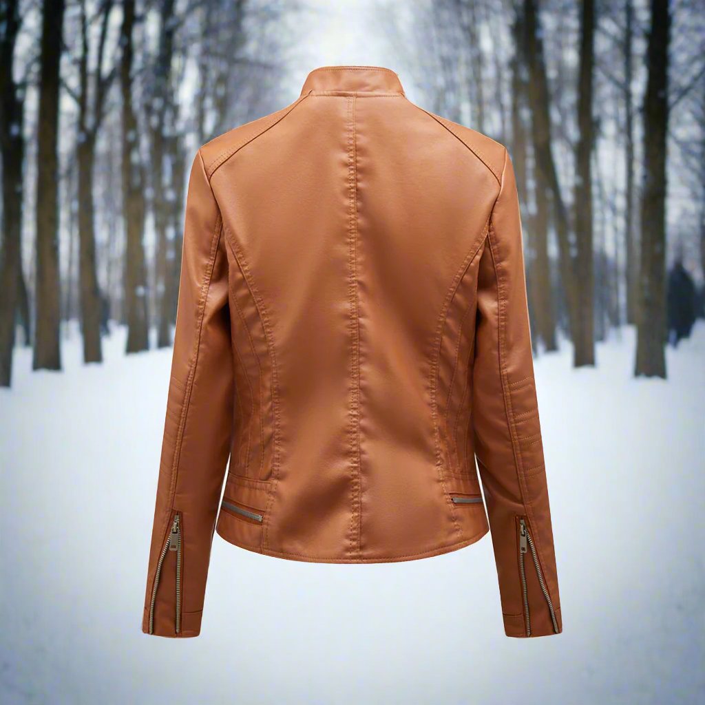 Women's Leather Jacket - Biker Style - Zipper Closure - Stand Collar - Slim Fit