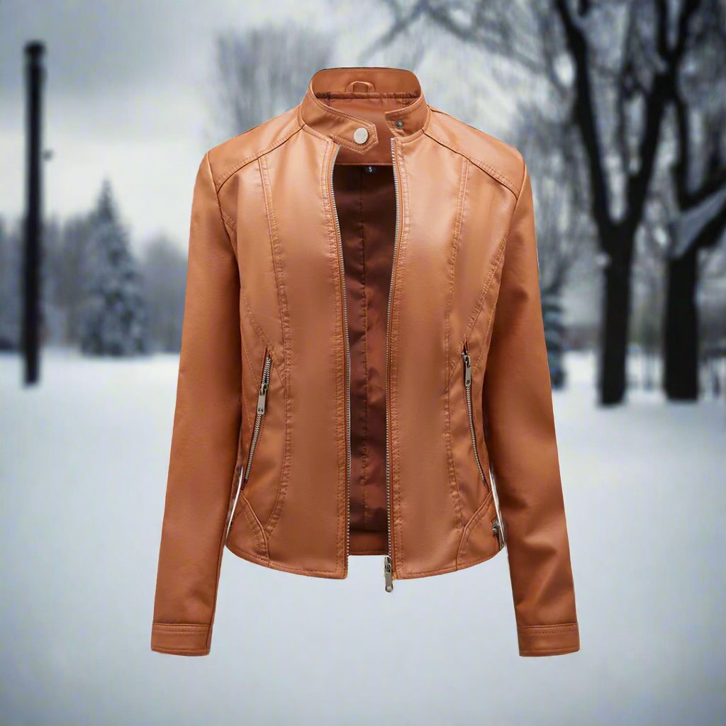 Women's Leather Jacket - Biker Style - Zipper Closure - Stand Collar - Slim Fit