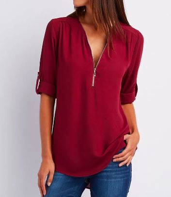 Women's Blouse – Relaxed Fit – V-neck with Zipper – Roll-up Sleeves – Soft Drape
