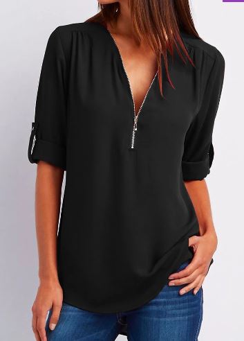 Women's Blouse – Relaxed Fit – V-neck with Zipper – Roll-up Sleeves – Soft Drape