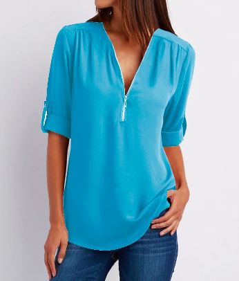 Women's Blouse – Relaxed Fit – V-neck with Zipper – Roll-up Sleeves – Soft Drape