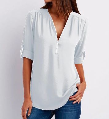 Women's Blouse – Relaxed Fit – V-neck with Zipper – Roll-up Sleeves – Soft Drape