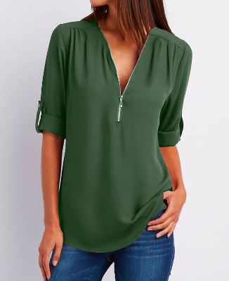 Women's Blouse – Relaxed Fit – V-neck with Zipper – Roll-up Sleeves – Soft Drape