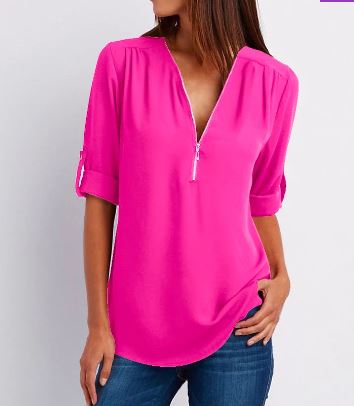 Women's Blouse – Relaxed Fit – V-neck with Zipper – Roll-up Sleeves – Soft Drape