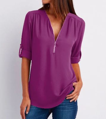 Women's Blouse – Relaxed Fit – V-neck with Zipper – Roll-up Sleeves – Soft Drape