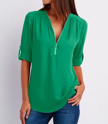 Women's Blouse – Relaxed Fit – V-neck with Zipper – Roll-up Sleeves – Soft Drape