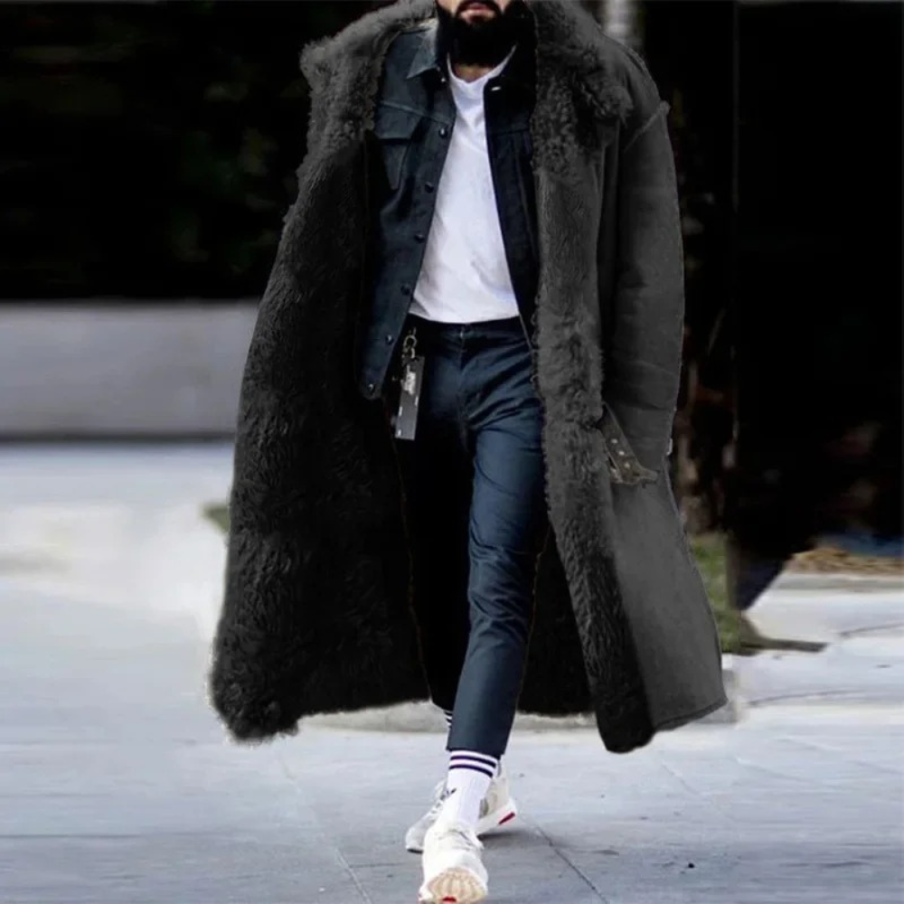 Men's Long Coat – Oversized Fit – Hood – Wool Blend – Fur Lined – Toggle Details