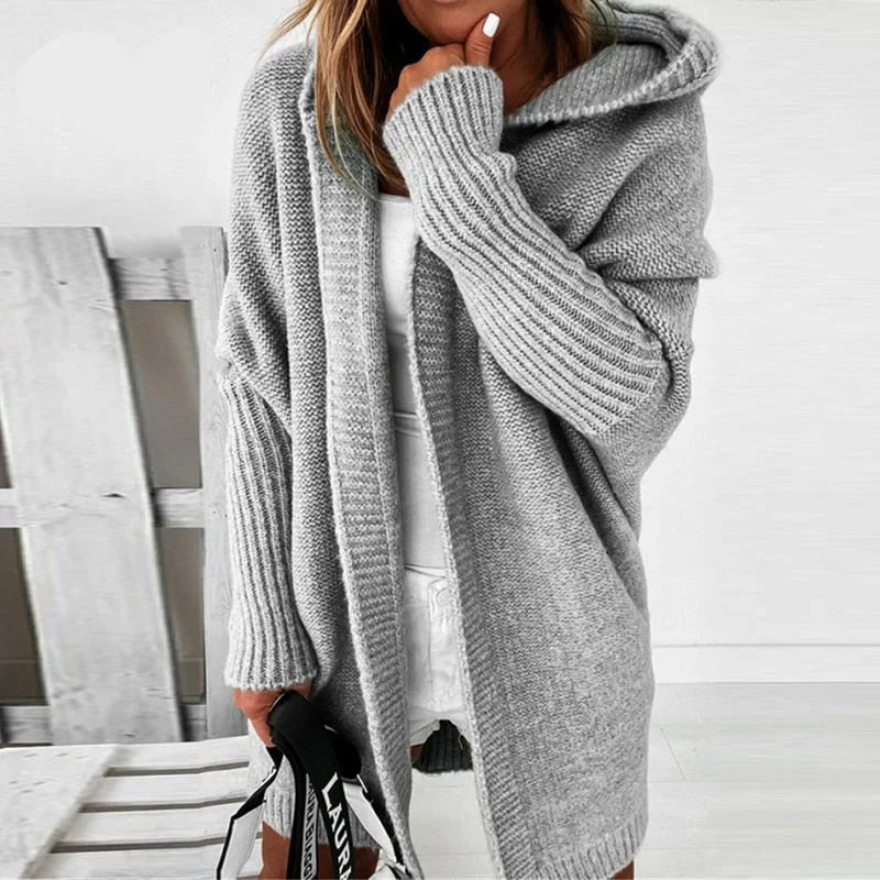Women's Cardigan – Oversized Fit – Wool – Hood – Open Front – Ribbed Knit