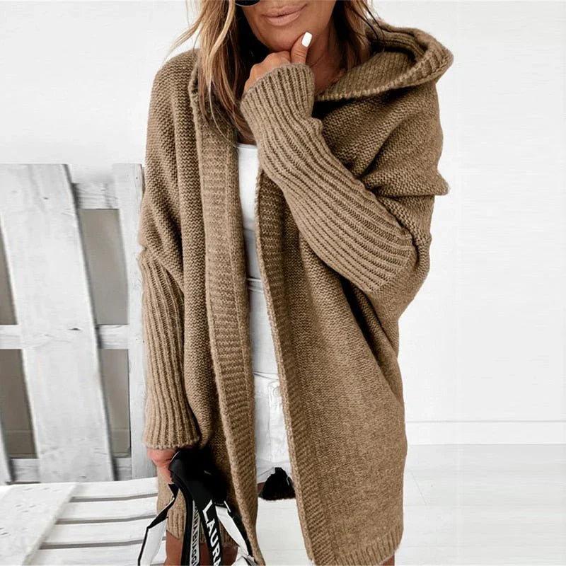 Women's Cardigan – Oversized Fit – Wool – Hood – Open Front – Ribbed Knit