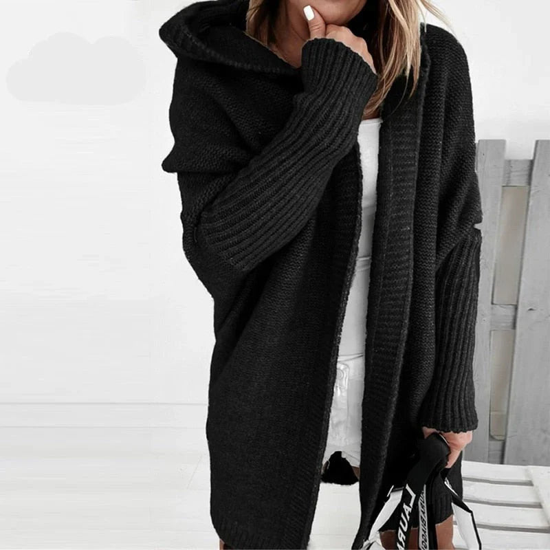 Women's Cardigan – Oversized Fit – Wool – Hood – Open Front – Ribbed Knit