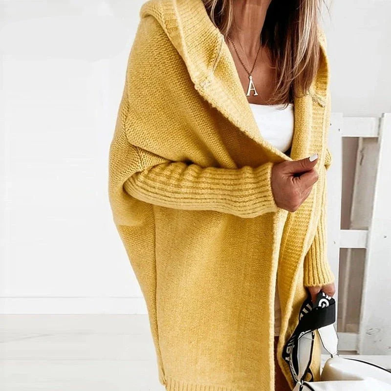 Women's Cardigan – Oversized Fit – Wool – Hood – Open Front – Ribbed Knit
