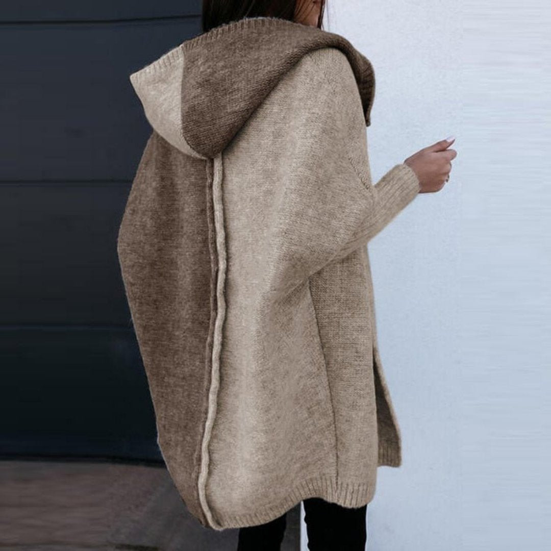 Women's Cardigan – Wool Knit – Relaxed Fit – Open Front – Hood and Ribbed Edges