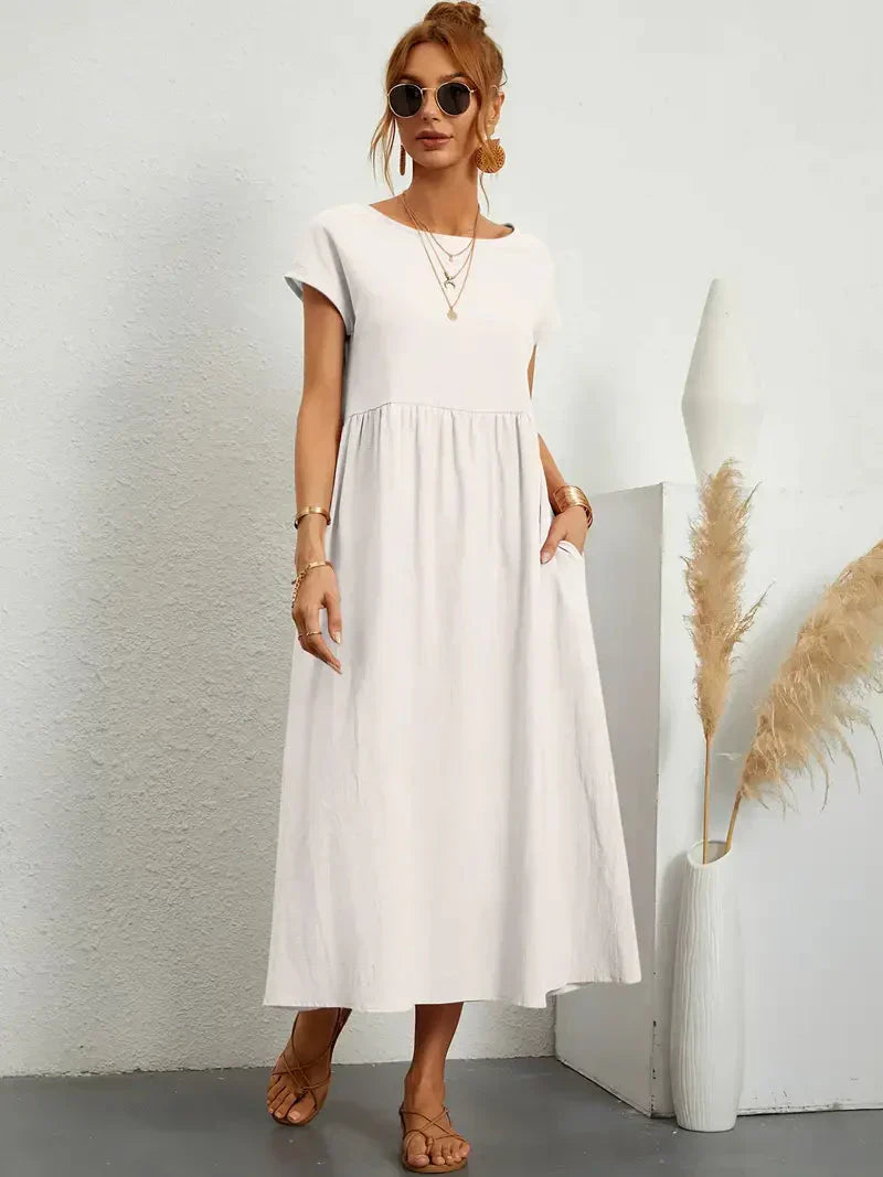 Women's Maxi Dress – Relaxed Fit – Short Sleeve – Breathable Natural Fiber – Loose Cut