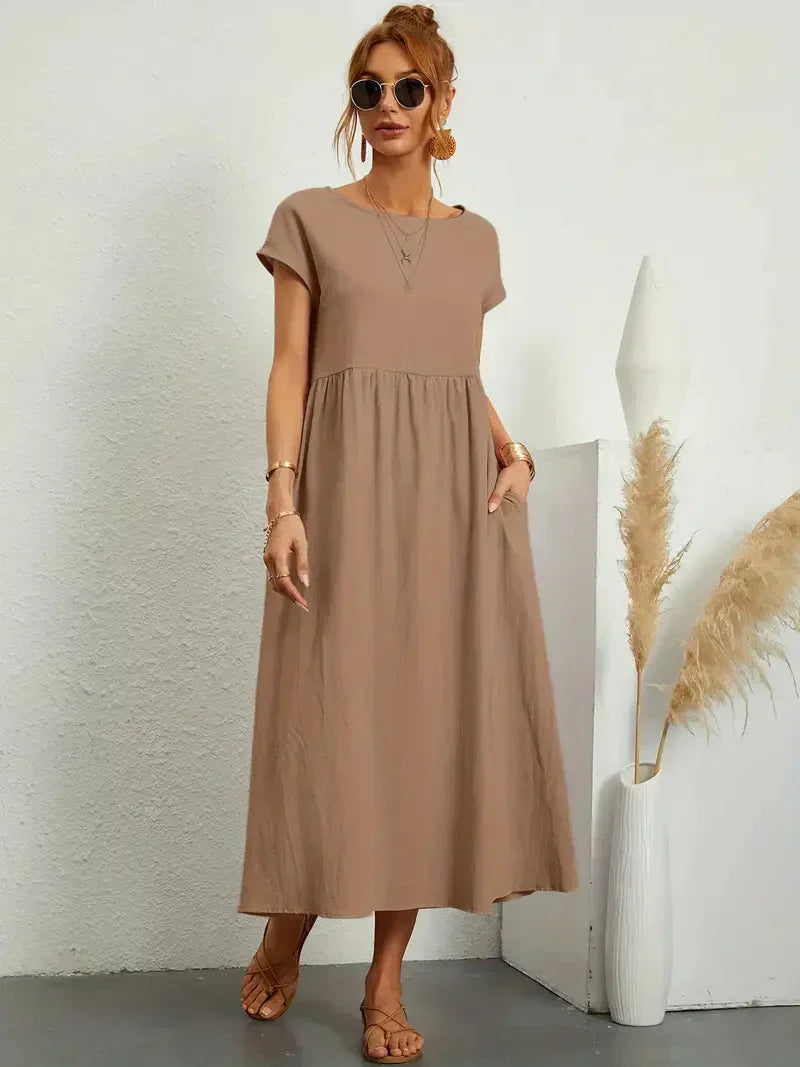 Women's Maxi Dress – Relaxed Fit – Short Sleeve – Breathable Natural Fiber – Loose Cut