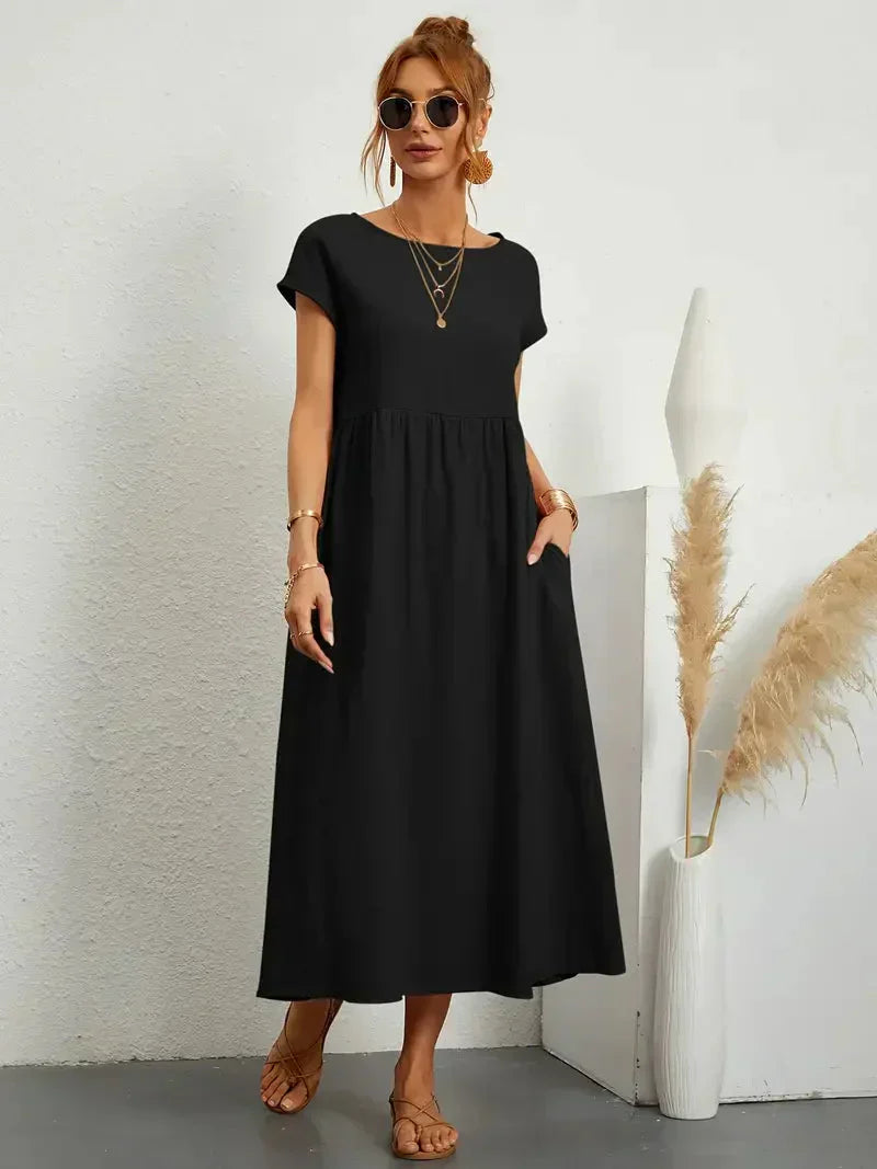 Women's Maxi Dress – Relaxed Fit – Short Sleeve – Breathable Natural Fiber – Loose Cut