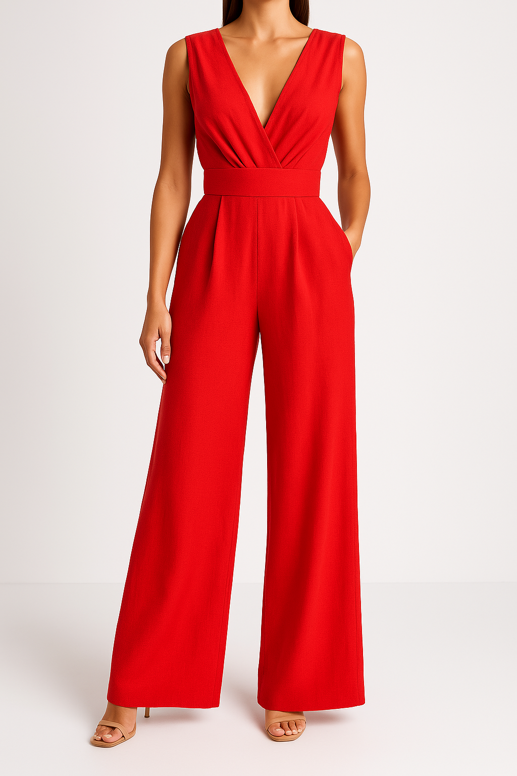 Dame Jumpsuit – Høy Midje – Dyp V-hals – Vid Ben – Ermeløs Elegant Passform