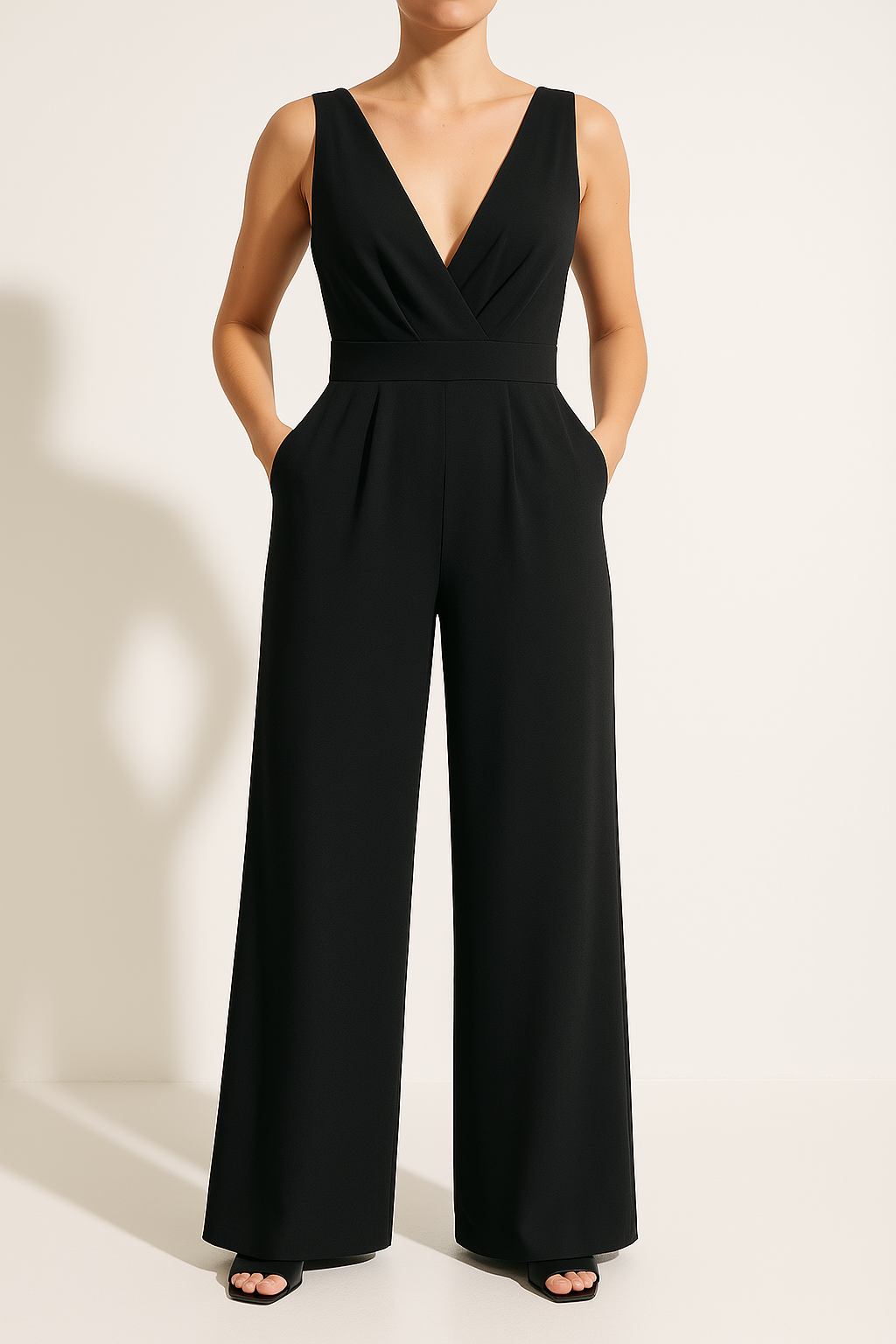 Dame Jumpsuit – Høy Midje – Dyp V-hals – Vid Ben – Ermeløs Elegant Passform
