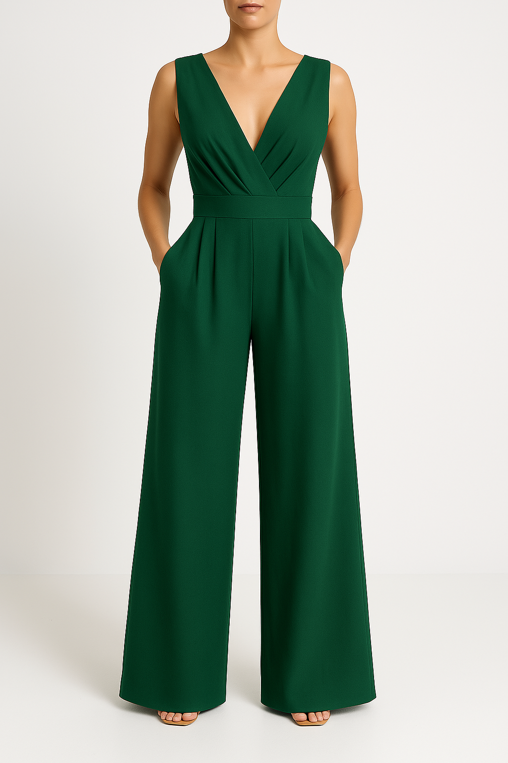 Dame Jumpsuit – Høy Midje – Dyp V-hals – Vid Ben – Ermeløs Elegant Passform