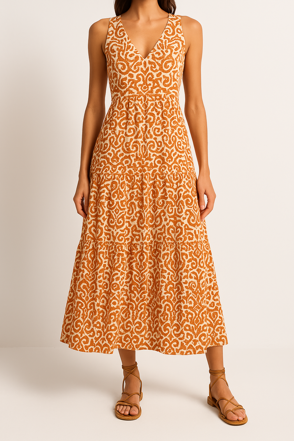Women's Midi Dress – Sleeveless V-neck – Relaxed Fit – A-line – Abstract Pattern