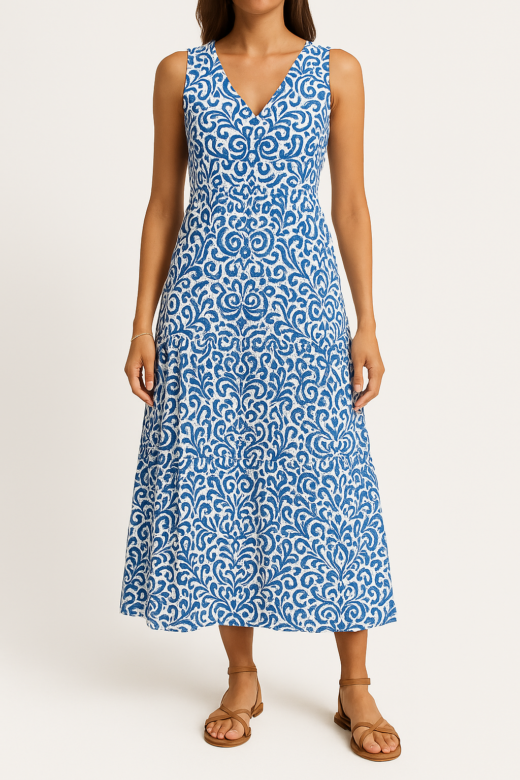 Women's Midi Dress – Sleeveless V-neck – Relaxed Fit – A-line – Abstract Pattern