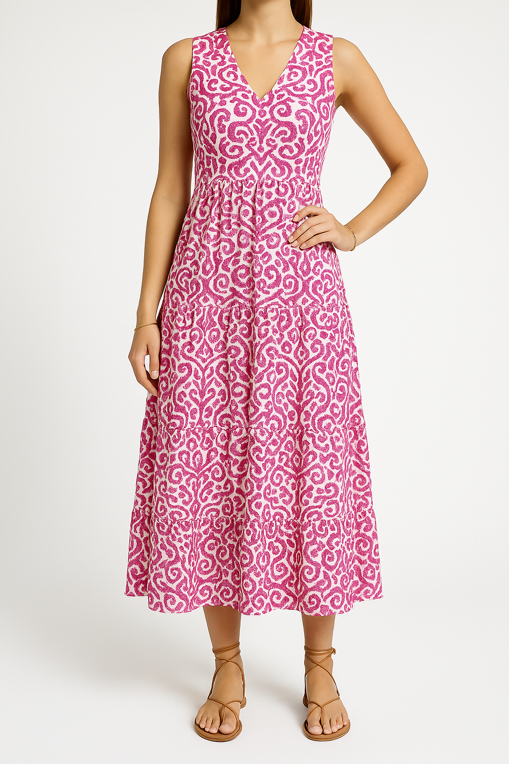 Women's Midi Dress – Sleeveless V-neck – Relaxed Fit – A-line – Abstract Pattern