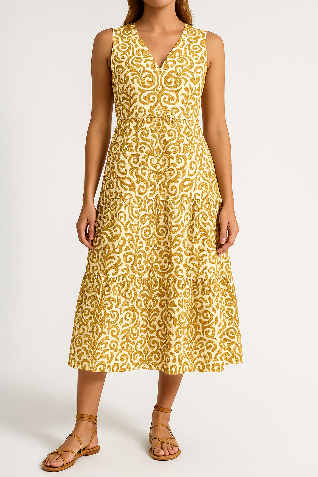 Women's Midi Dress – Sleeveless V-neck – Relaxed Fit – A-line – Abstract Pattern