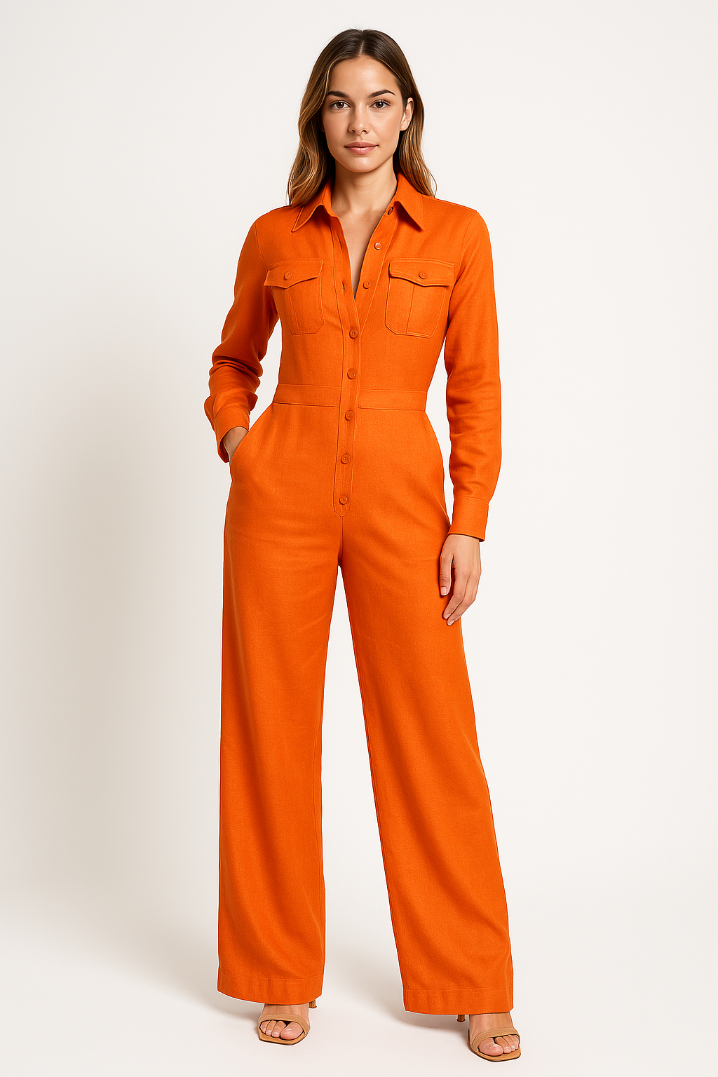 Women's Pantsuit – Tailored Fit – Cotton Blend – Wide Legs – Buttons – Shirt Collar – Long Sleeves