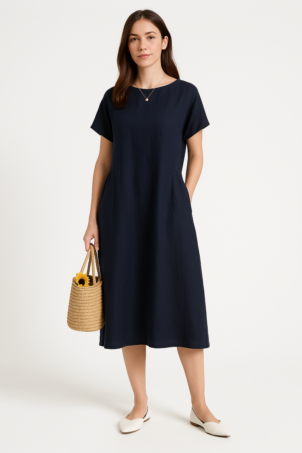 Women's Midi Dress – Light Fabric – Loose Fit – Short Sleeve – Simple Design