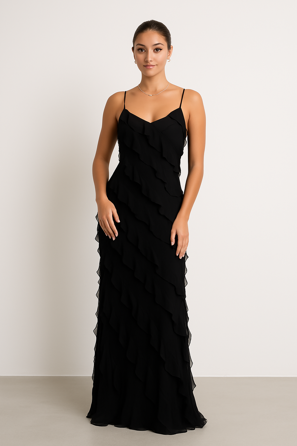 Dress woman – Maxi dress – Slim fit – Spaghetti straps – Ruffle details – Chiffon look