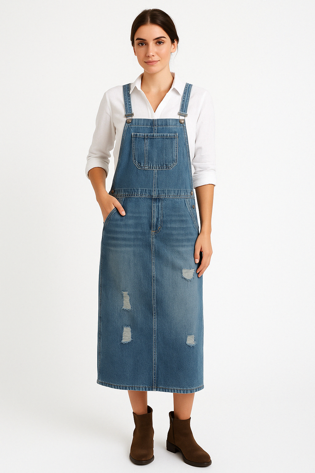 Women's Denim Dress – Relaxed Fit – Midi Length – Adjustable Straps – Distressed Style