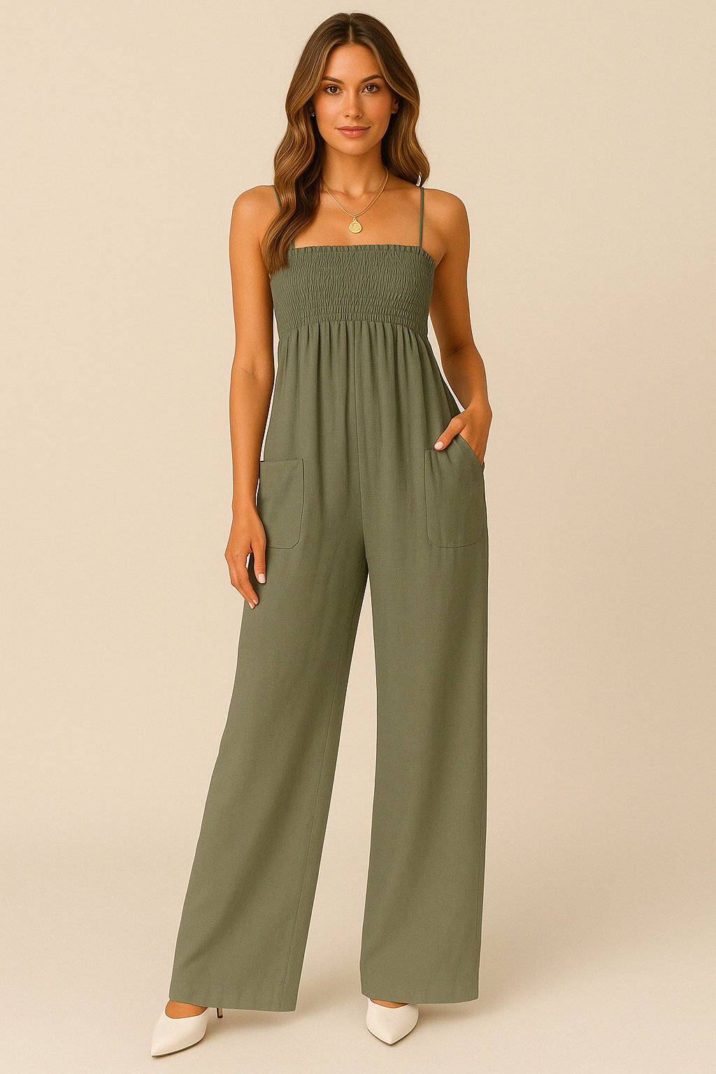 Women's jumpsuit – relaxed fit – ruched bodice – pockets – full length – breathable fabric