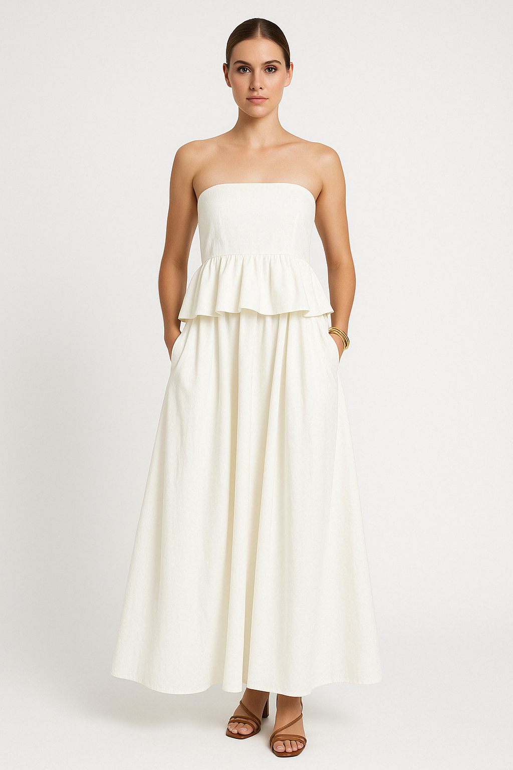 Dress for Women – Strapless Maxi Dress – Fitted Waist – Peplum – A-line Shape