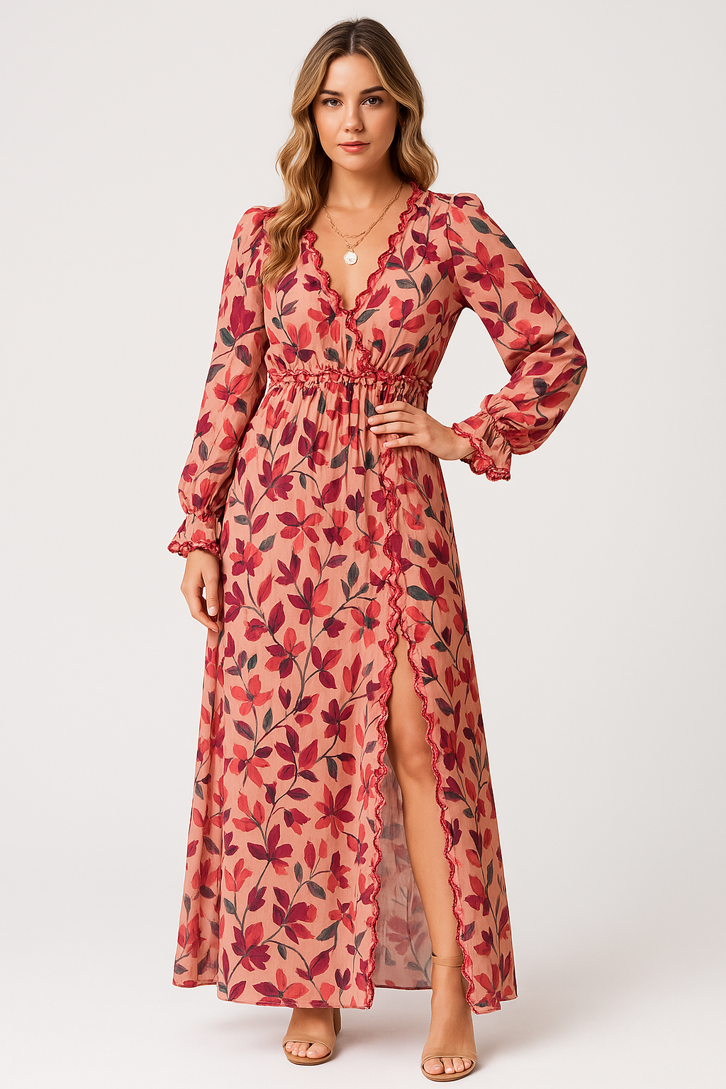 Kjole for dame – Chiffon – Bohemsk passform – V-hals – Blomsterprint – Maksilengde