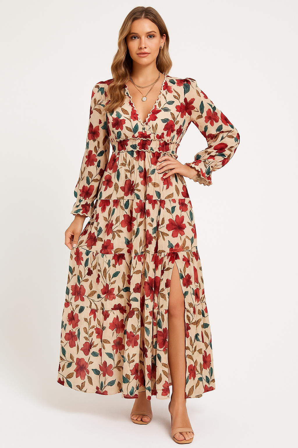 Kjole for dame – Chiffon – Bohemsk passform – V-hals – Blomsterprint – Maksilengde