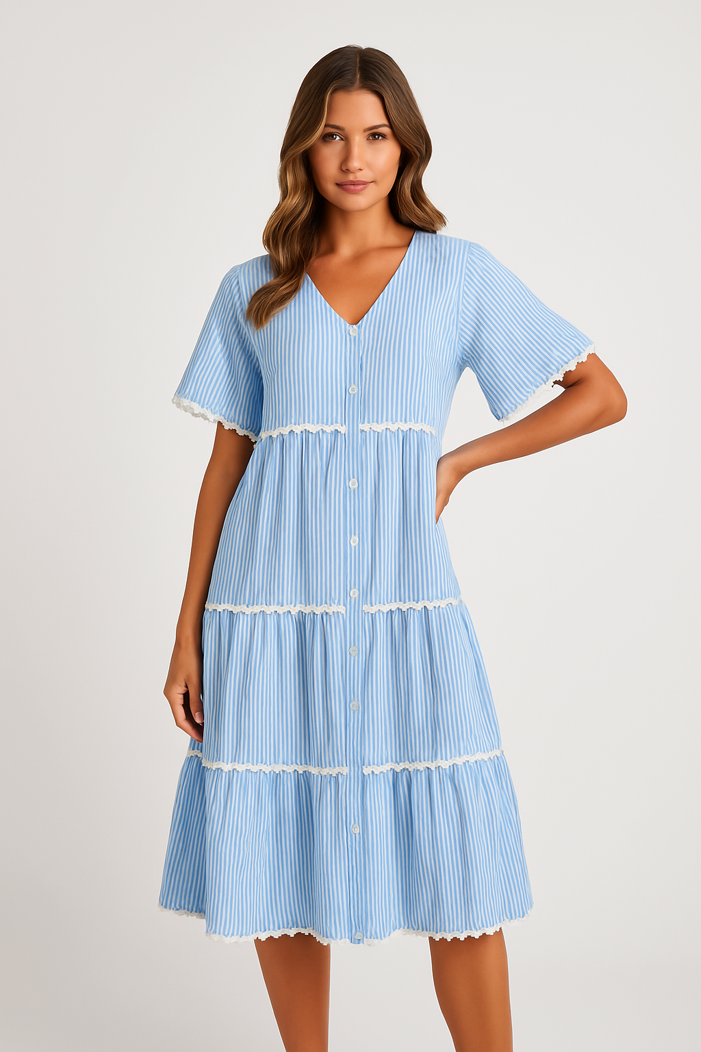 Dress for Women – V-neck – Loose Fit – Lace Trim – Knee-length with Ruffles