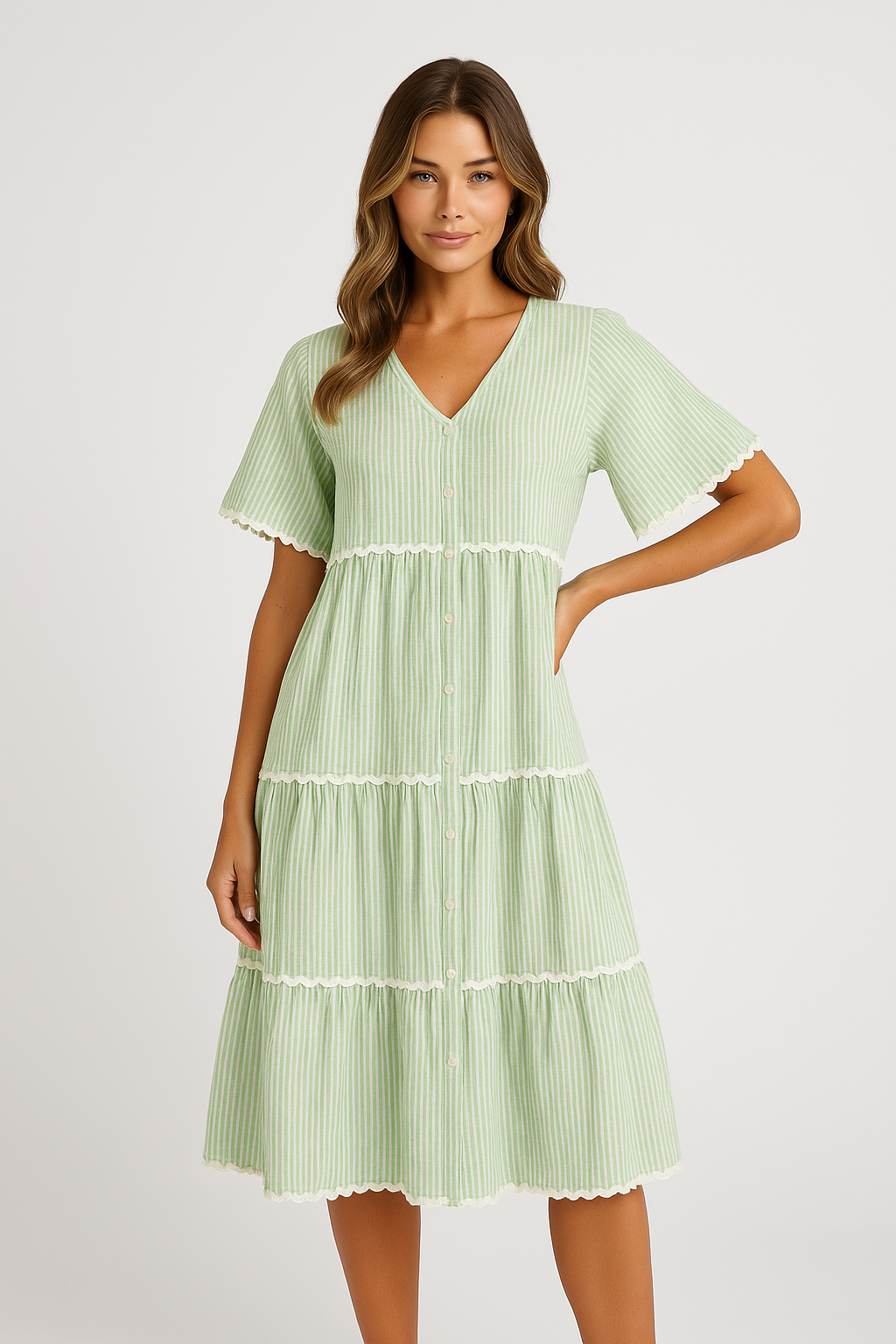 Dress for Women – V-neck – Loose Fit – Lace Trim – Knee-length with Ruffles