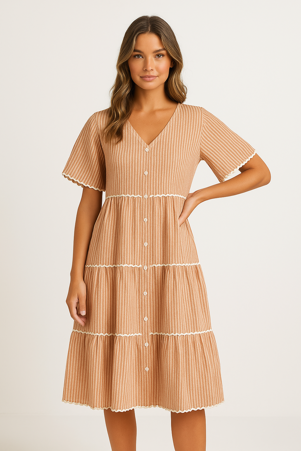 Dress for Women – V-neck – Loose Fit – Lace Trim – Knee-length with Ruffles