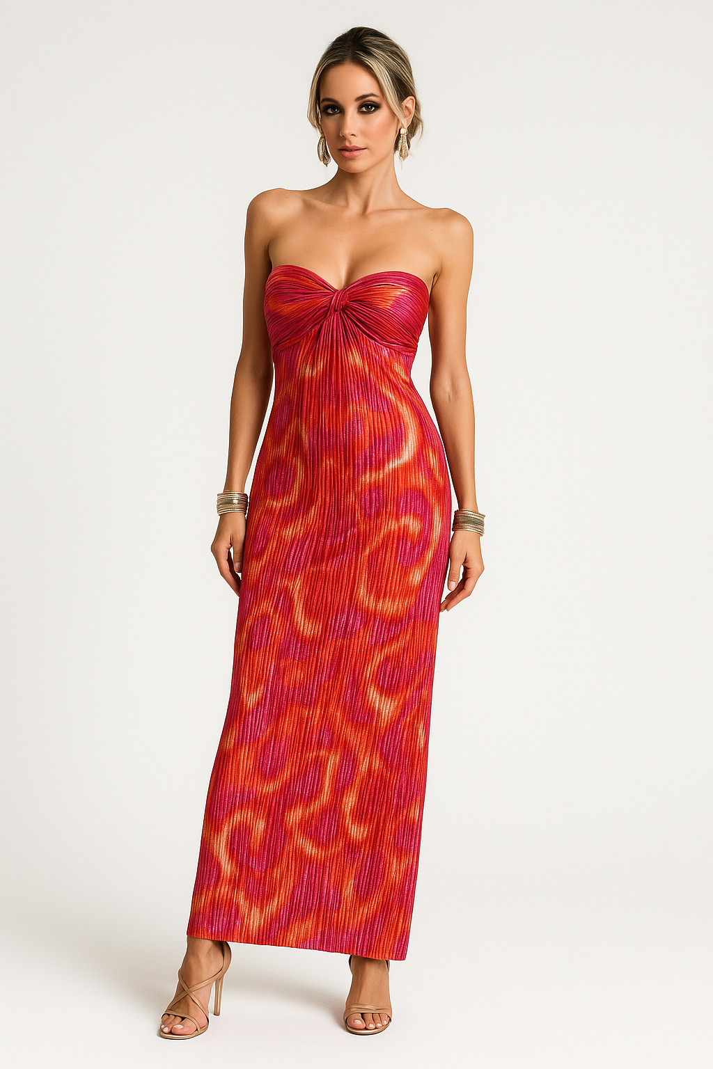 Dress for Women – Strapless Maxi Dress – Slim Fit – Pleated Fabric – Abstract Pattern