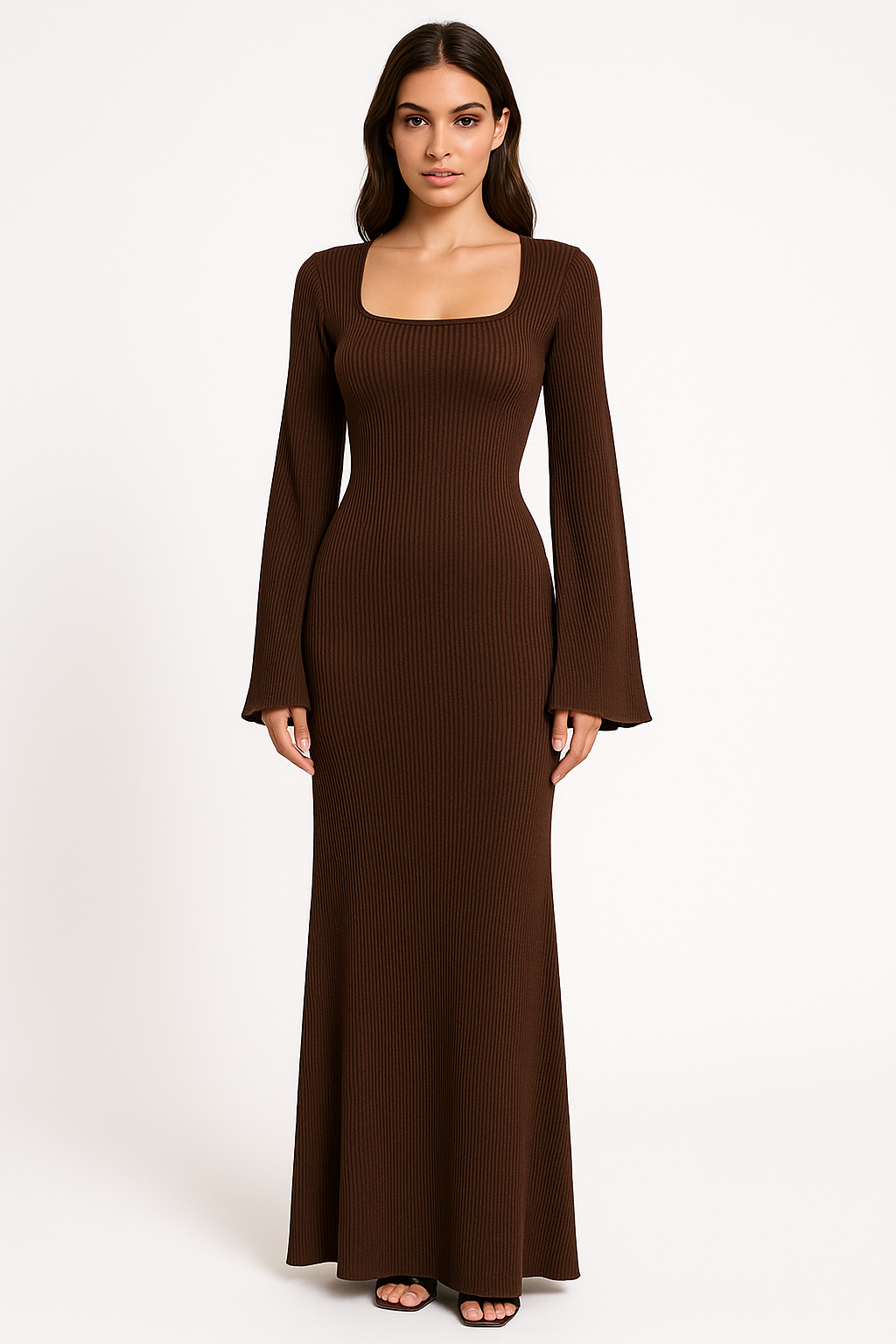 Dress for Women – Ribbed Stretch – Floor-length – Square Scoop Neck – Bell Sleeves