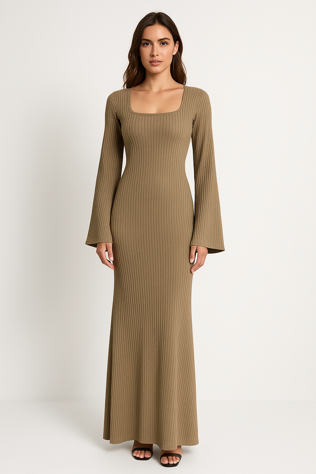 Dress for Women – Ribbed Stretch – Floor-length – Square Scoop Neck – Bell Sleeves