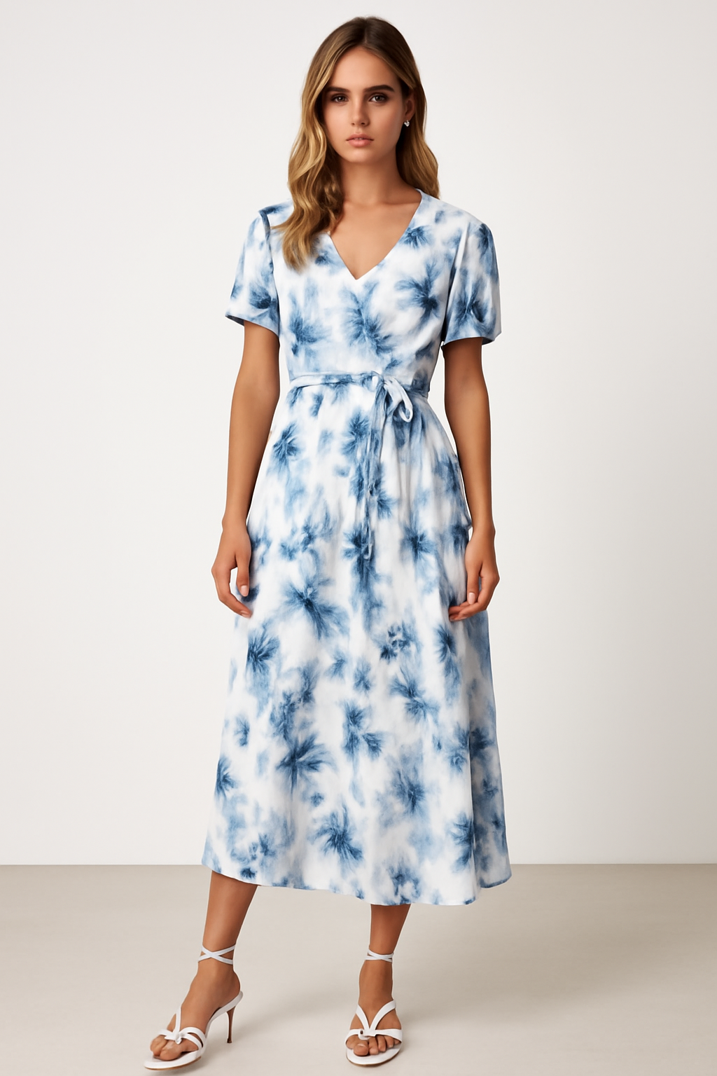 Dress for Women – Midi Length – V-Neckline – Puff Sleeves – Waistband – Light and Breathable