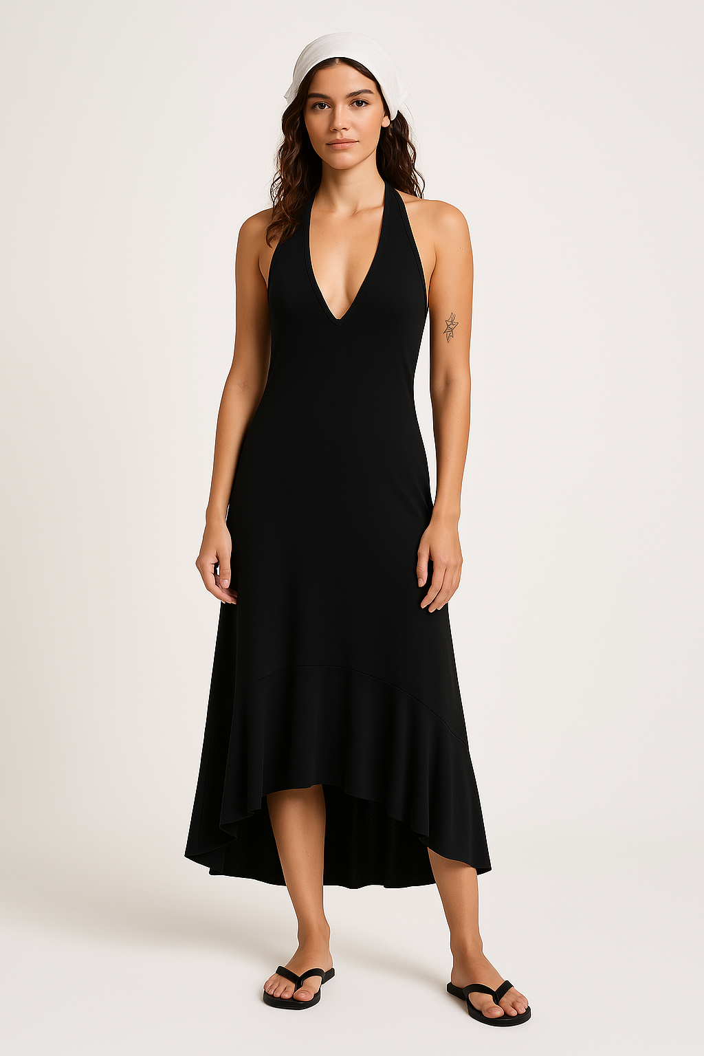 Kjole dame maxi – plissert chiffon – halterneck V-utringning – lett og elegant passform