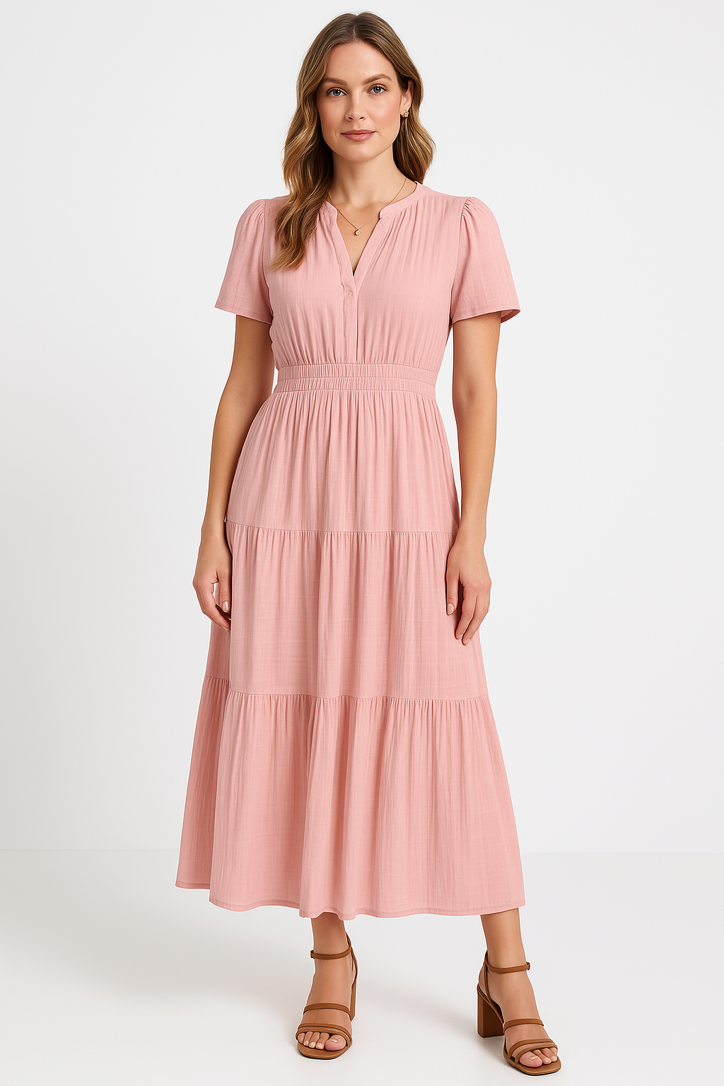 Women's Maxi Dress – V-Neck – Puff Sleeves – Light A-Line – Ruched Waist – Layered Skirt