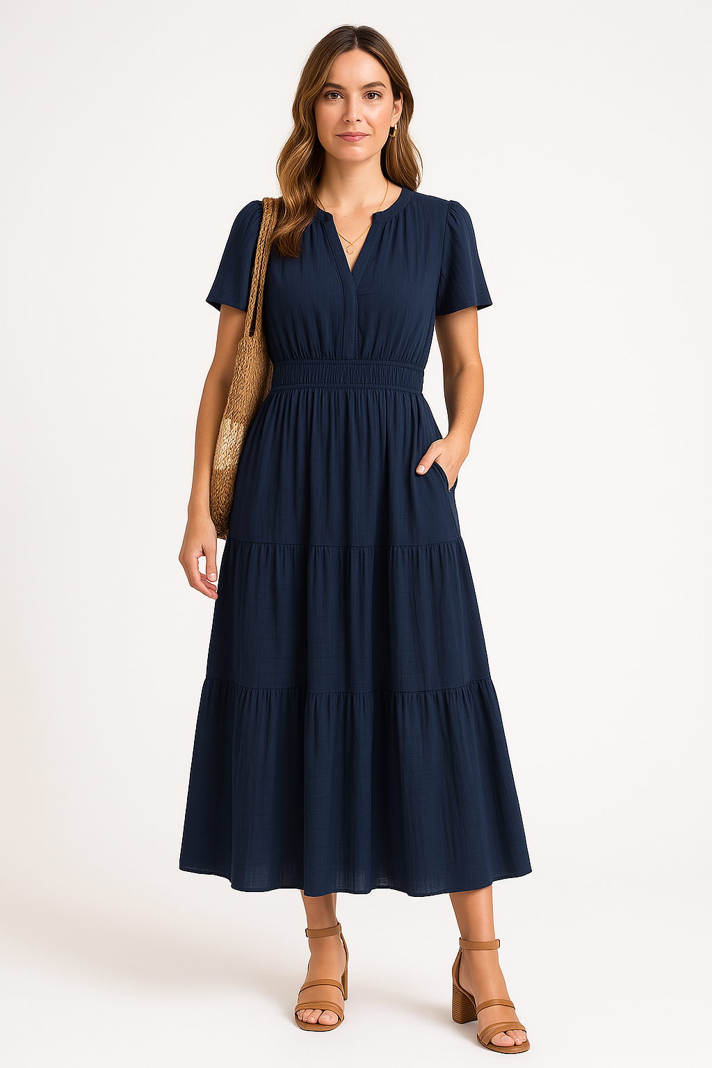 Women's Maxi Dress – V-Neck – Puff Sleeves – Light A-Line – Ruched Waist – Layered Skirt